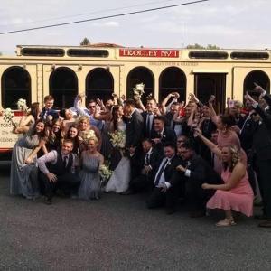 A group photo in front of the Wisconsin Dells trolley