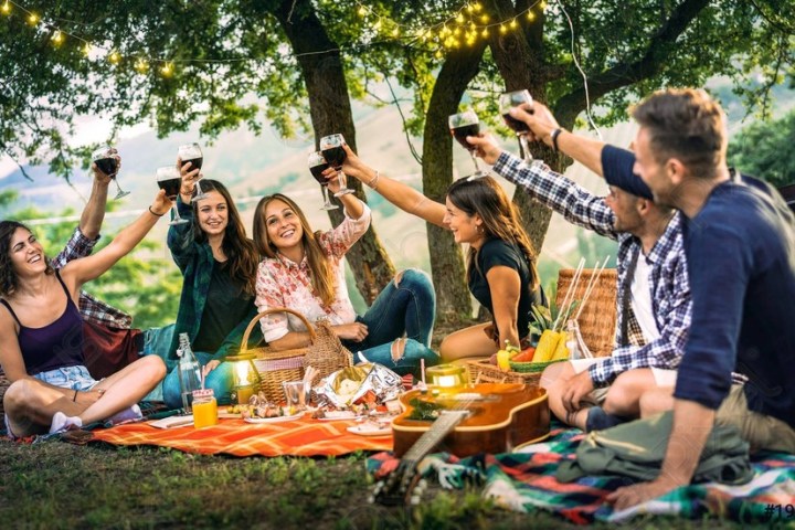 a group of people sitting at a park