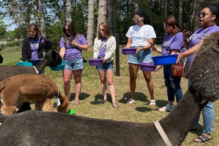 a group of people sitting at a zoo